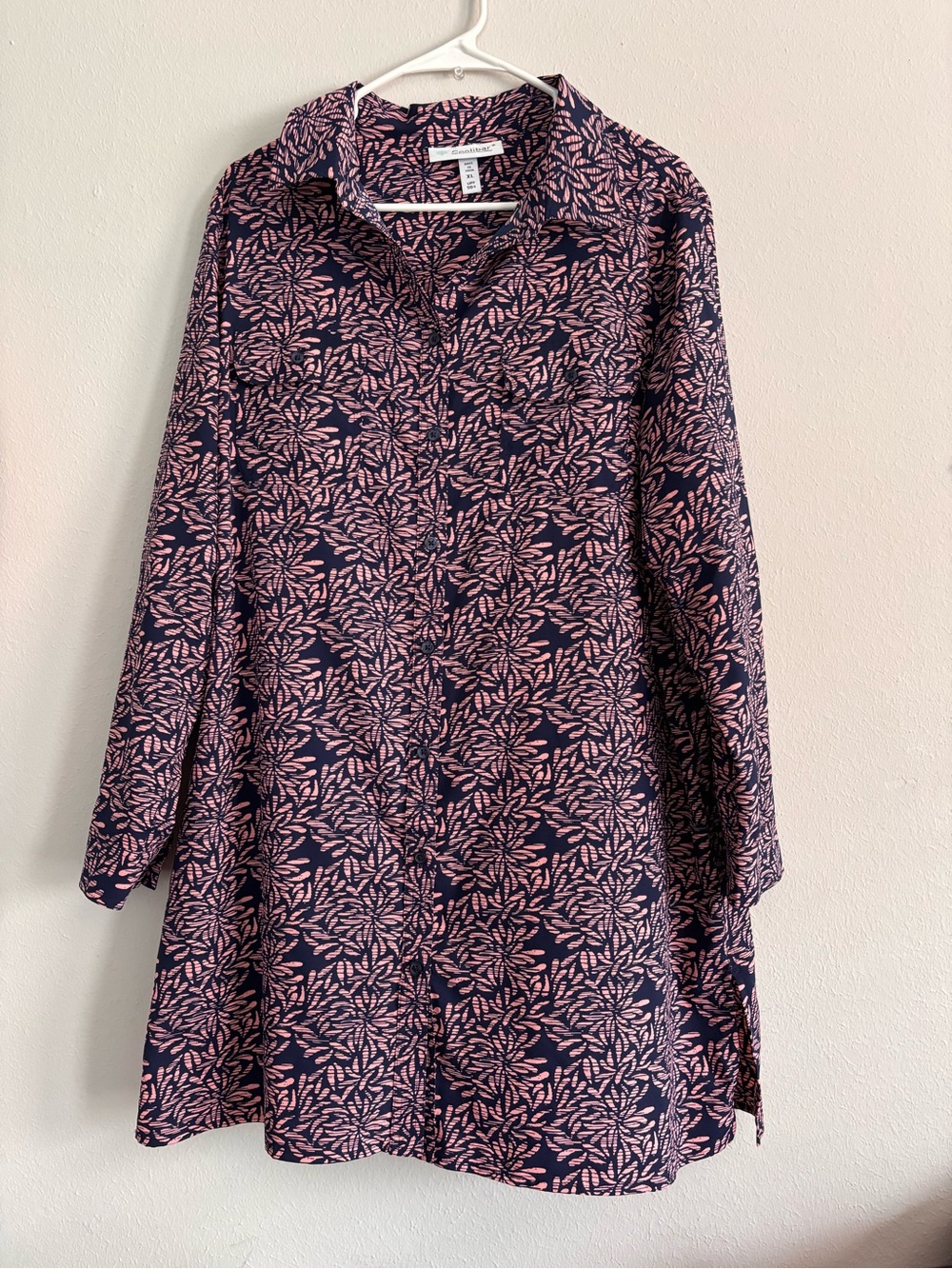 Coolibar Santorini Button-down Floral Print Tunic Dress - Pink on Navy
